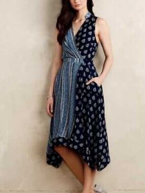Anthro Maeve Navy and Light Blue  asymmetrical Sleeveless Dress size 2